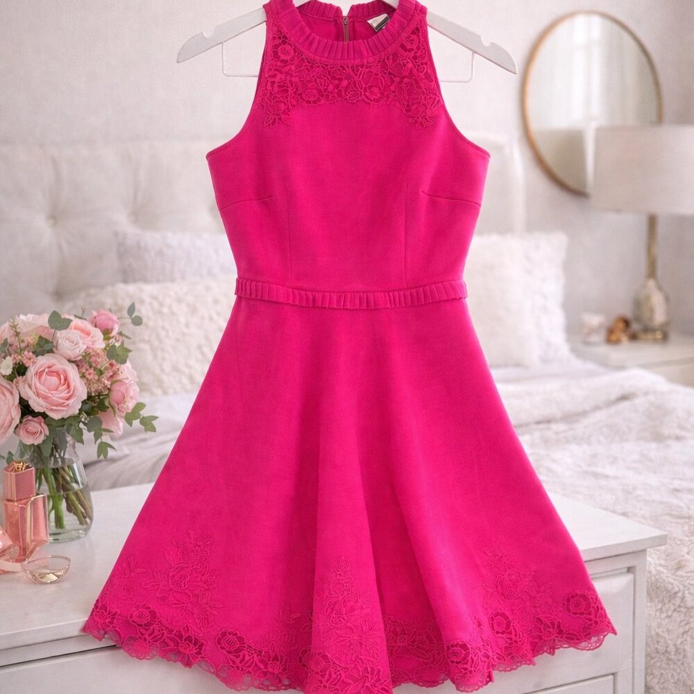 Ted Baker Hot Pink Fit & Flare Lace Dress | Cocktail | Party | Size 3 (US 8)